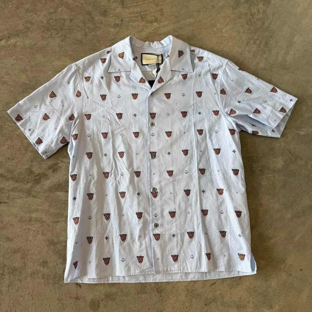 Gucci Tiger Head And Symbols Cotton Bowling Shirt Blue Style 574566 Size 48